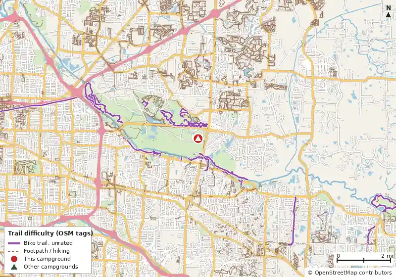 Map of roads, water and trails within about 5 miles of Agricenter Rv Park, with bike trails colored by their OpenStreetMap difficulty tags