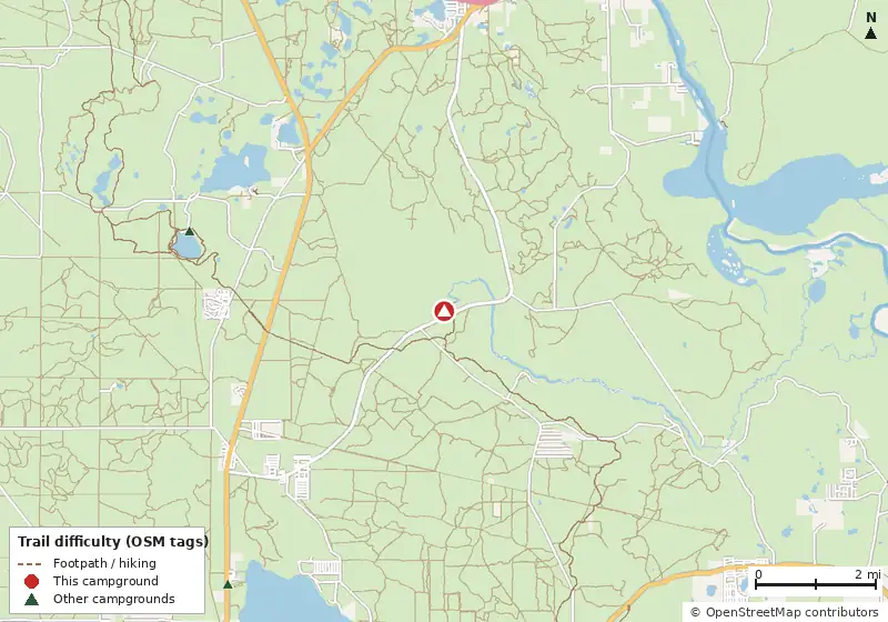 Map of roads, water and trails within about 5 miles of Alexander Springs Recreation Area