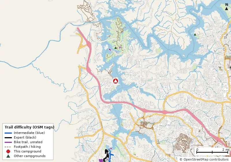 Map of roads, water and trails within about 5 miles of Allatoona Landing Marine Resort Campground, with bike trails colored by their OpenStreetMap difficulty tags