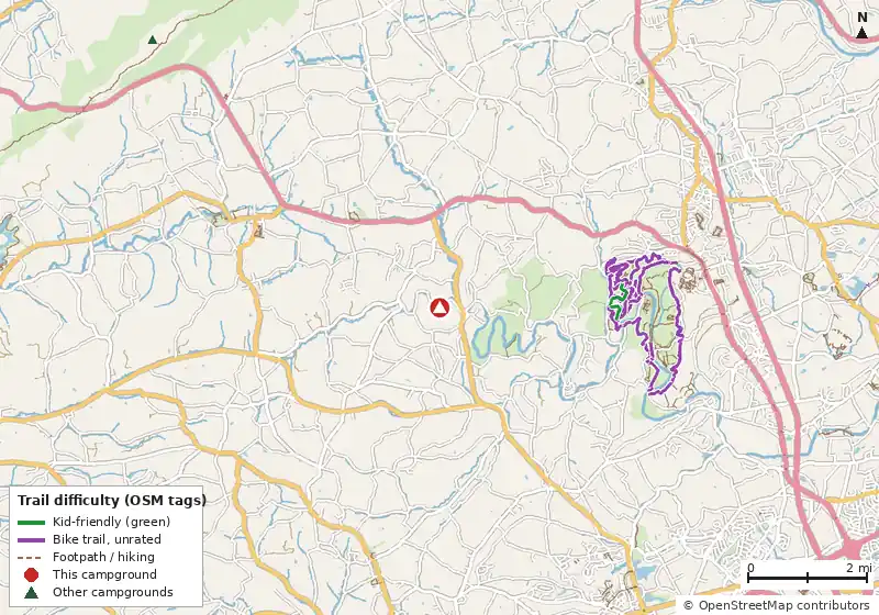 Map of roads, water and trails within about 5 miles of Allentown KOA Journey, with bike trails colored by their OpenStreetMap difficulty tags