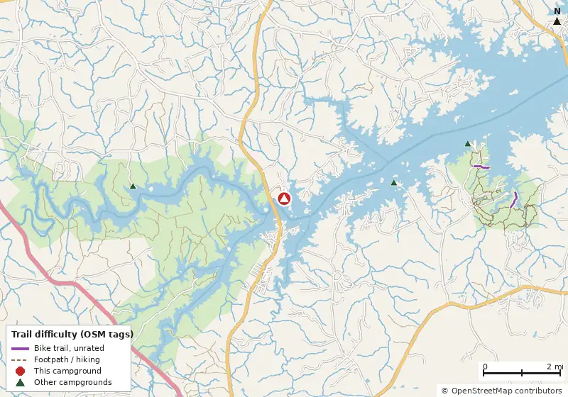 Map of roads, water and trails within about 5 miles of Amity Recreation Area, with bike trails colored by their OpenStreetMap difficulty tags