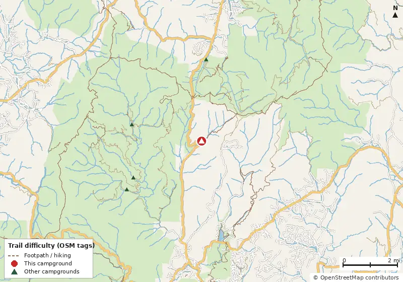 Map of roads, water and trails within about 5 miles of Andrew's Cove Campground