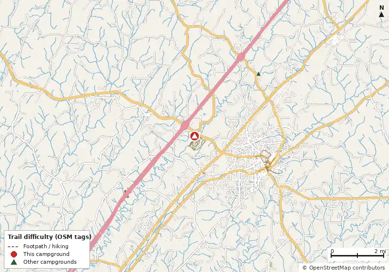 Map of roads, water and trails within about 5 miles of Athens I-75 RV Campground