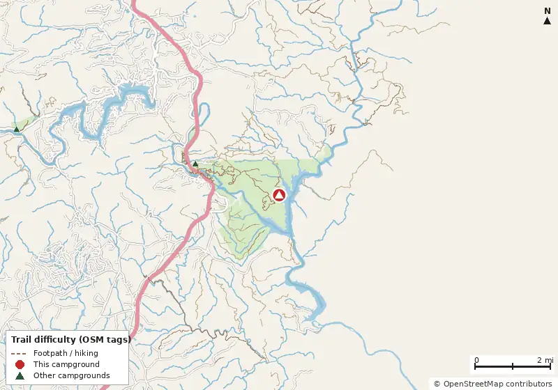 Map of roads, water and trails within about 5 miles of Backcountry Campsite #1