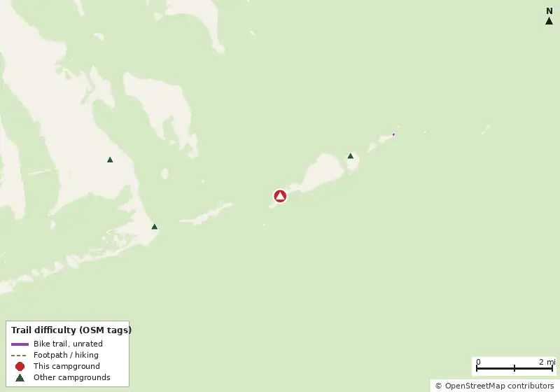 Map of roads, water and trails within about 5 miles of Bahia Honda State Park Campground, with bike trails colored by their OpenStreetMap difficulty tags