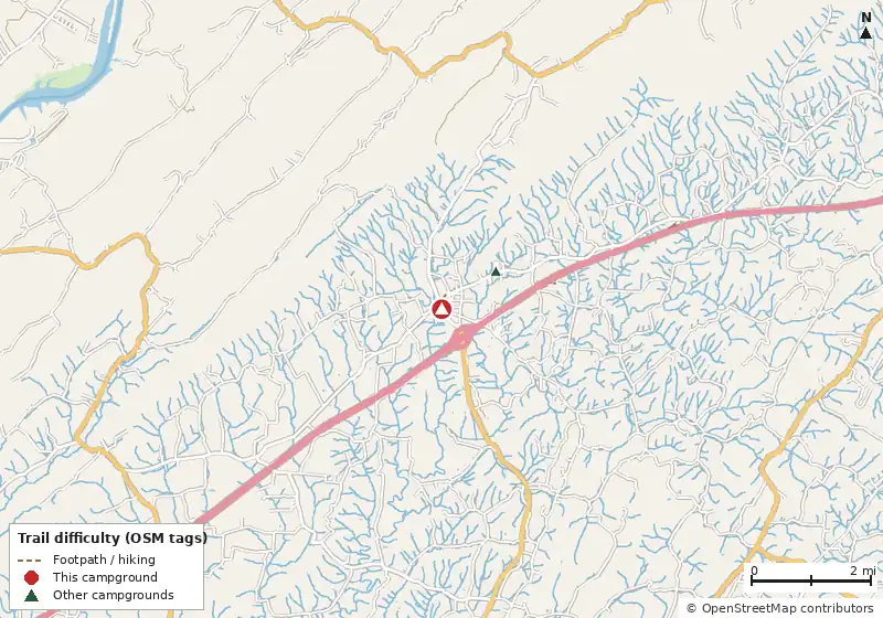 Map of roads, water and trails within about 5 miles of Baileyton RV Park