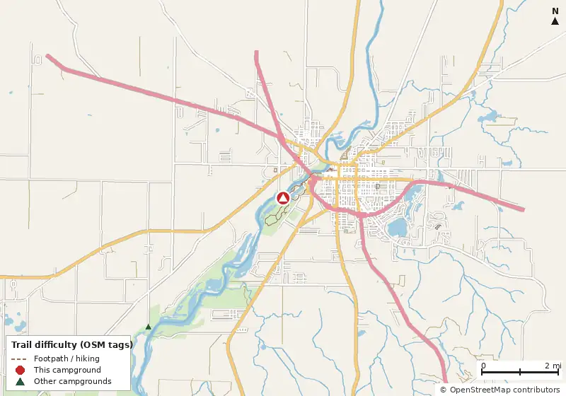 Map of roads, water and trails within about 5 miles of Bainbridge Riverview Campground