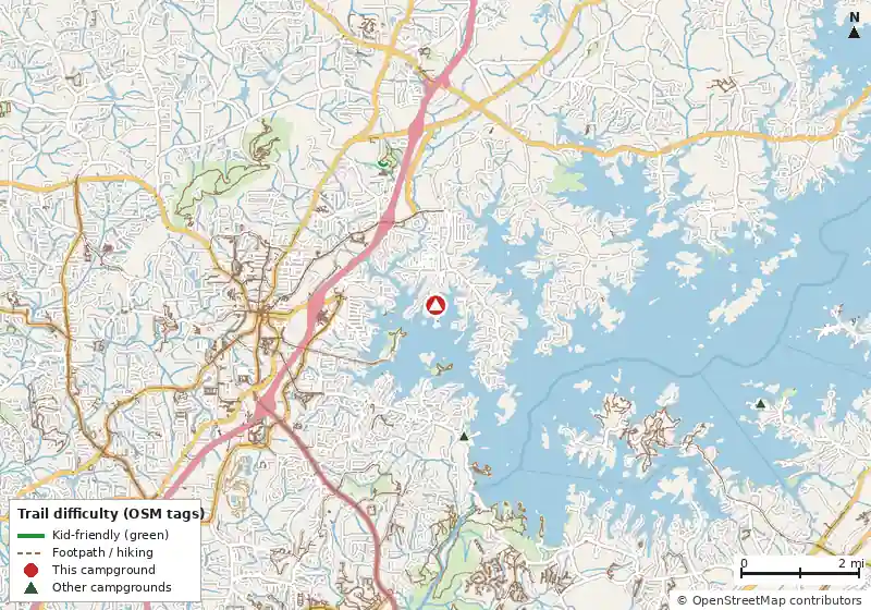 Map of roads, water and trails within about 5 miles of Bald Ridge Creek, with bike trails colored by their OpenStreetMap difficulty tags