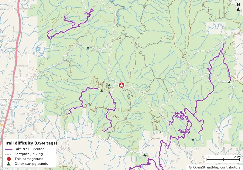 Map of roads, water and trails within about 5 miles of Ball Field Group Camping Area, with bike trails colored by their OpenStreetMap difficulty tags