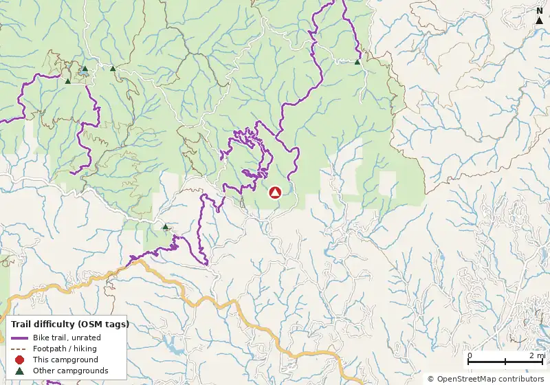 Map of roads, water and trails within about 5 miles of Bear Creek Campground, with bike trails colored by their OpenStreetMap difficulty tags