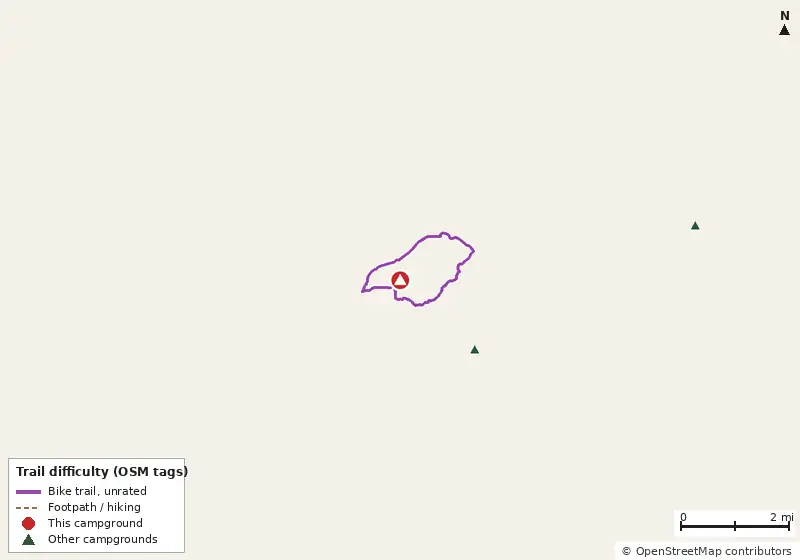 Map of roads, water and trails within about 5 miles of Bear Lake Campground, with bike trails colored by their OpenStreetMap difficulty tags