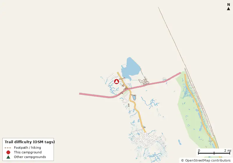Map of roads, water and trails within about 5 miles of Beechland Campground