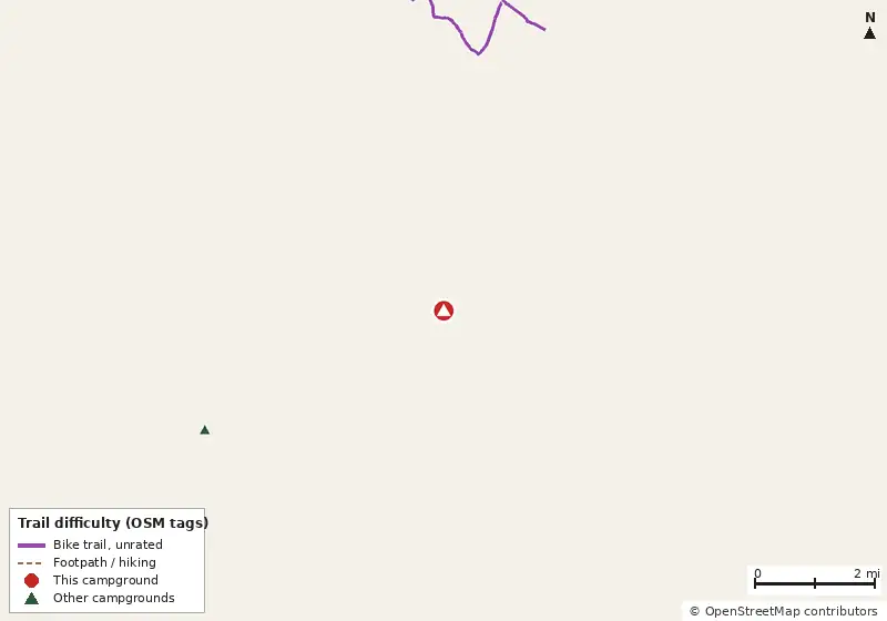 Map of roads, water and trails within about 5 miles of Big Bass Village RV Park, with bike trails colored by their OpenStreetMap difficulty tags
