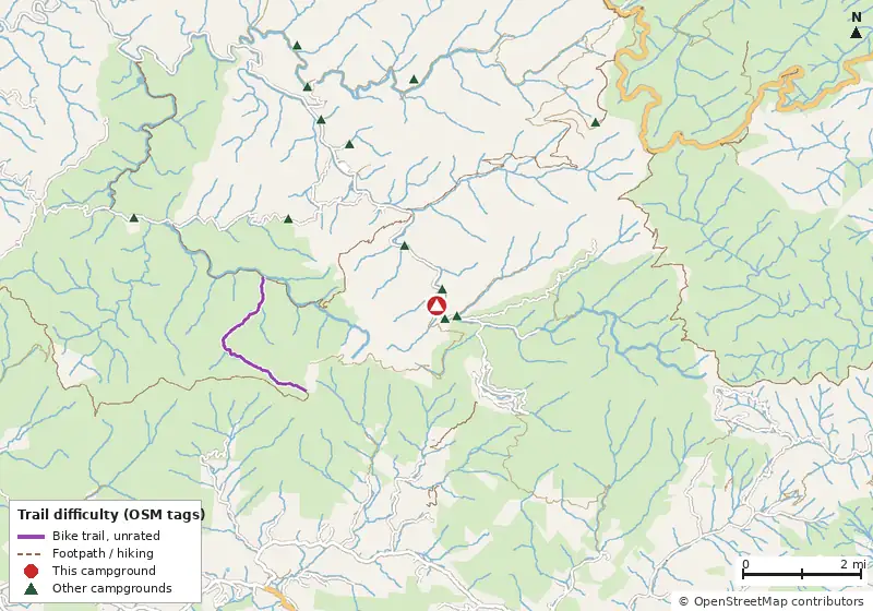 Map of roads, water and trails within about 5 miles of Big Oak Cove Campground, with bike trails colored by their OpenStreetMap difficulty tags