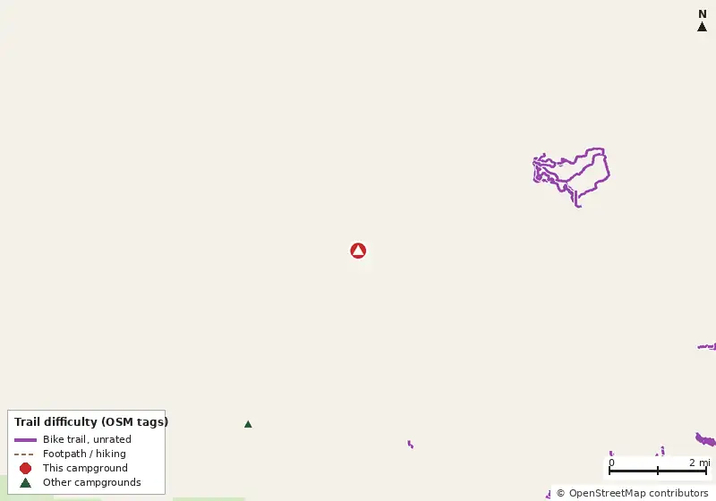 Map of roads, water and trails within about 5 miles of Big Oak RV Park, with bike trails colored by their OpenStreetMap difficulty tags