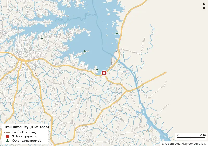 Map of roads, water and trails within about 5 miles of Big Oaks