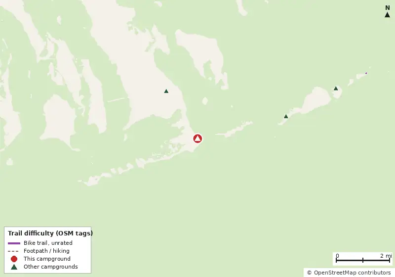 Map of roads, water and trails within about 5 miles of Big Pine Key RV Park, with bike trails colored by their OpenStreetMap difficulty tags
