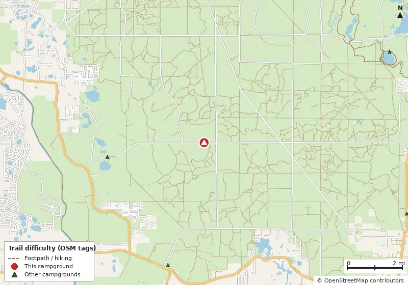 Map of roads, water and trails within about 5 miles of Big Scrub Campground