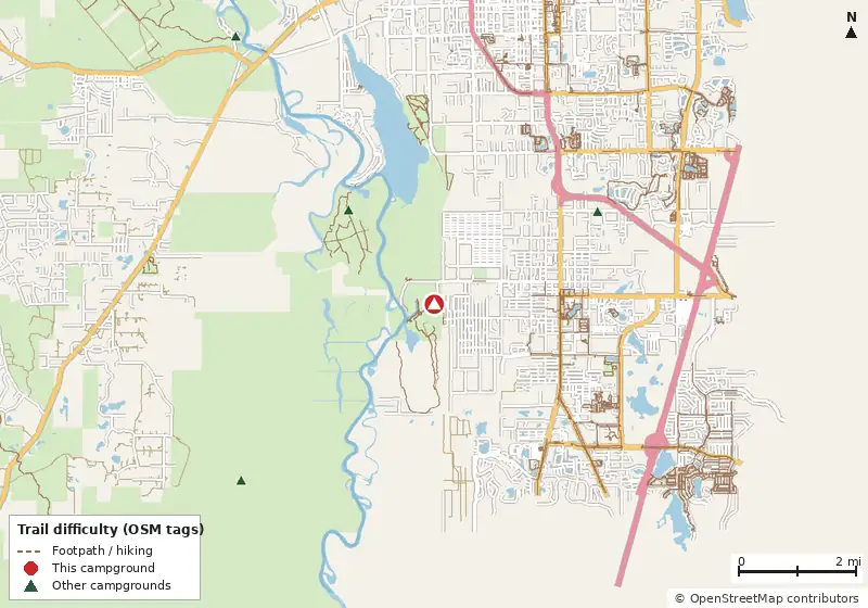 Map of roads, water and trails within about 5 miles of Blue Spring State Park Campground