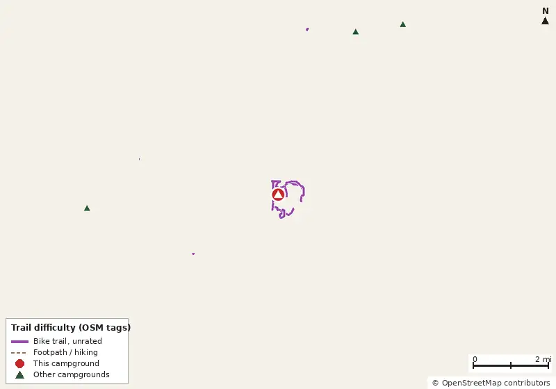 Map of roads, water and trails within about 5 miles of Bobcat Campground, with bike trails colored by their OpenStreetMap difficulty tags
