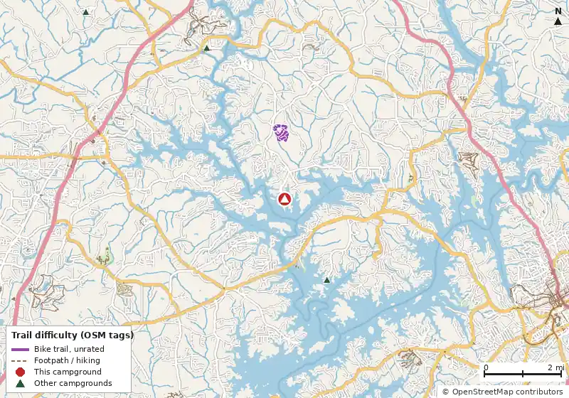 Map of roads, water and trails within about 5 miles of Bolding Mill, with bike trails colored by their OpenStreetMap difficulty tags