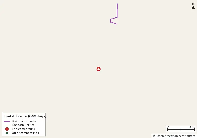 Map of roads, water and trails within about 5 miles of Bootleggers Campground, with bike trails colored by their OpenStreetMap difficulty tags