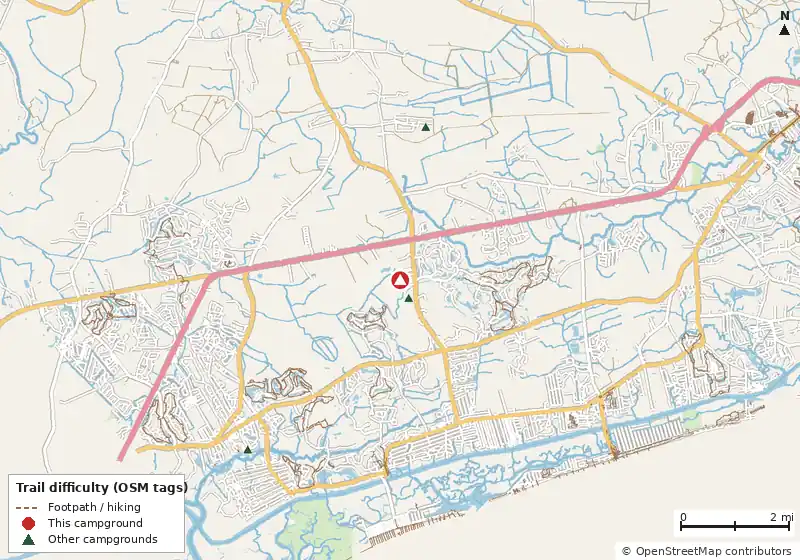 Map of roads, water and trails within about 5 miles of Brunswick Beaches Campground