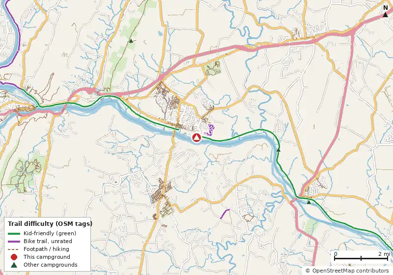 Map of roads, water and trails within about 5 miles of Brunswick Family Campground, with bike trails colored by their OpenStreetMap difficulty tags