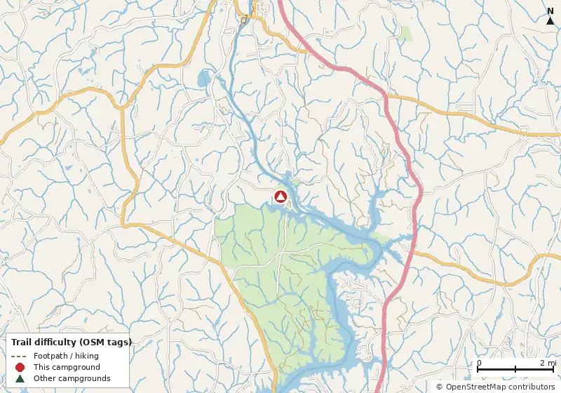 Map of roads, water and trails within about 5 miles of Brush Creek Campground