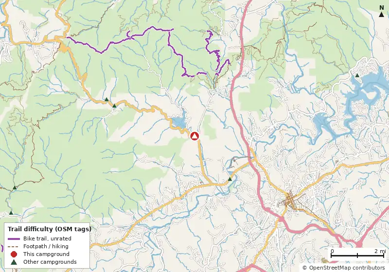 Map of roads, water and trails within about 5 miles of Buck Creek RV Park, with bike trails colored by their OpenStreetMap difficulty tags