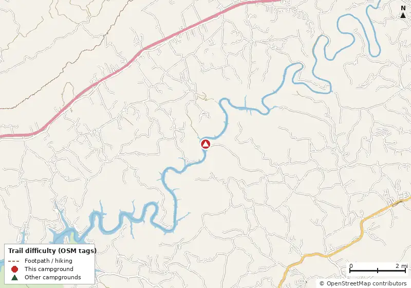 Map of roads, water and trails within about 5 miles of Bunch Hollow Campground & Resort
