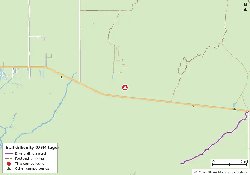 Map of roads, water and trails within about 5 miles of Burns Lake Campground, with bike trails colored by their OpenStreetMap difficulty tags