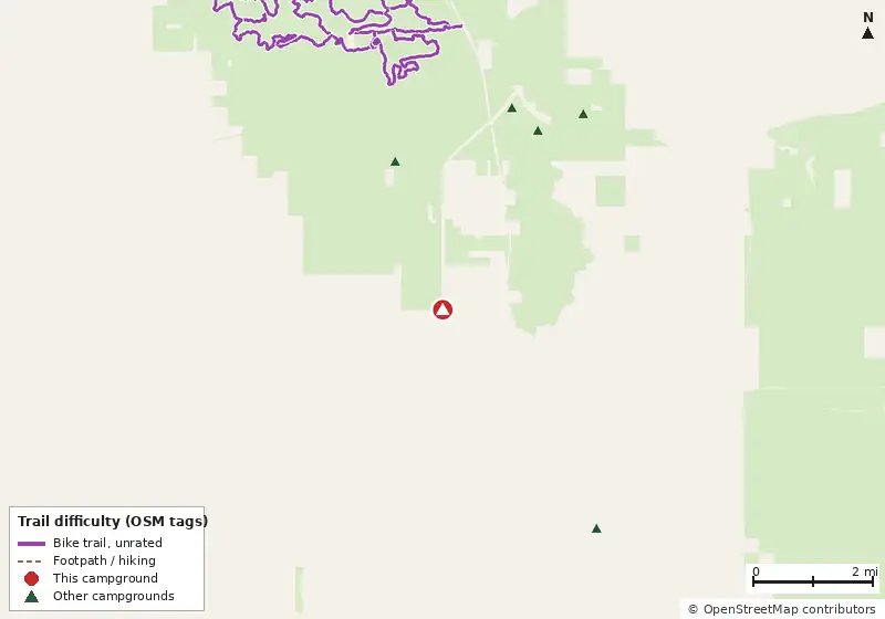 Map of roads, water and trails within about 5 miles of Buttgenbach Campground at CMA, with bike trails colored by their OpenStreetMap difficulty tags