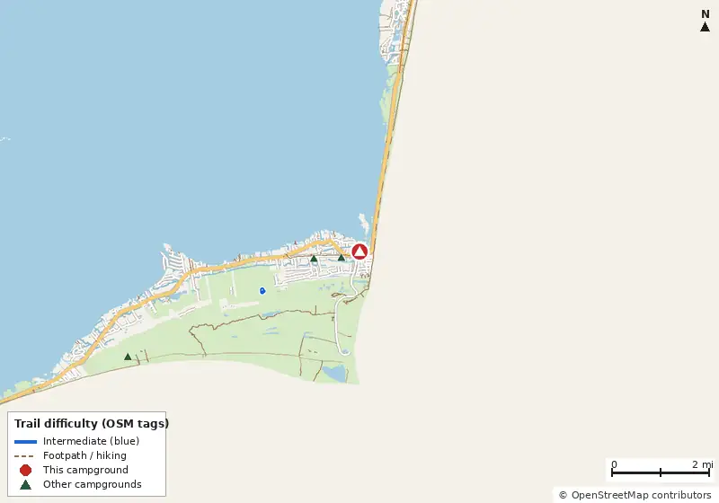 Map of roads, water and trails within about 5 miles of Buxton Oaks RV Park, with bike trails colored by their OpenStreetMap difficulty tags