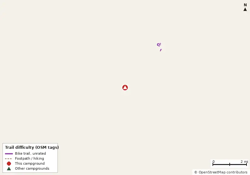 Map of roads, water and trails within about 5 miles of Camp Joy, with bike trails colored by their OpenStreetMap difficulty tags