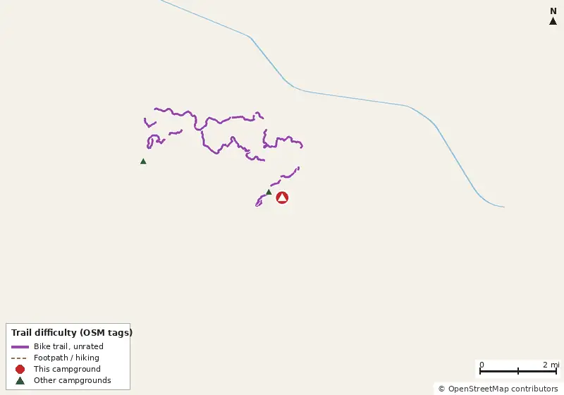 Map of roads, water and trails within about 5 miles of Campground 2, with bike trails colored by their OpenStreetMap difficulty tags