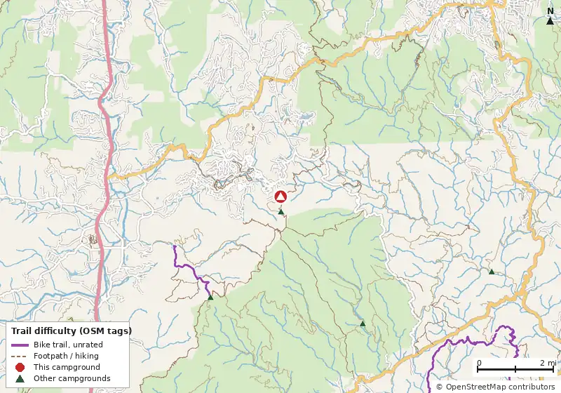 Map of roads, water and trails within about 5 miles of Campground, with bike trails colored by their OpenStreetMap difficulty tags
