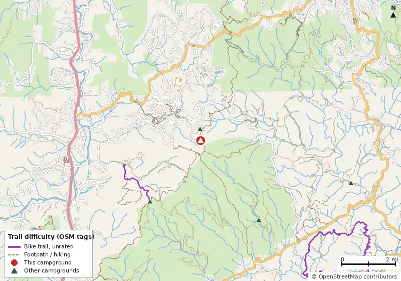 Map of roads, water and trails within about 5 miles of Campground, with bike trails colored by their OpenStreetMap difficulty tags