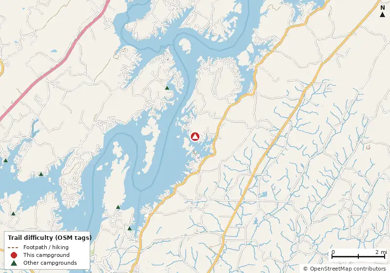 Map of roads, water and trails within about 5 miles of Campground on the Lakeshore