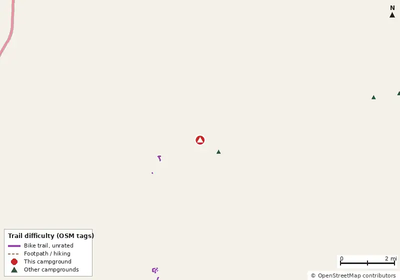 Map of roads, water and trails within about 5 miles of Camping Area 2, with bike trails colored by their OpenStreetMap difficulty tags