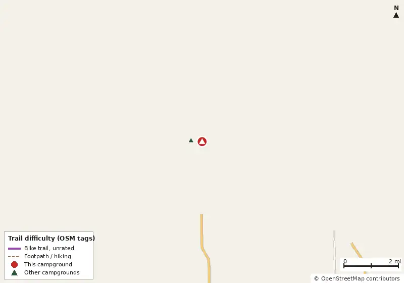 Map of roads, water and trails within about 5 miles of Campsite 2, with bike trails colored by their OpenStreetMap difficulty tags