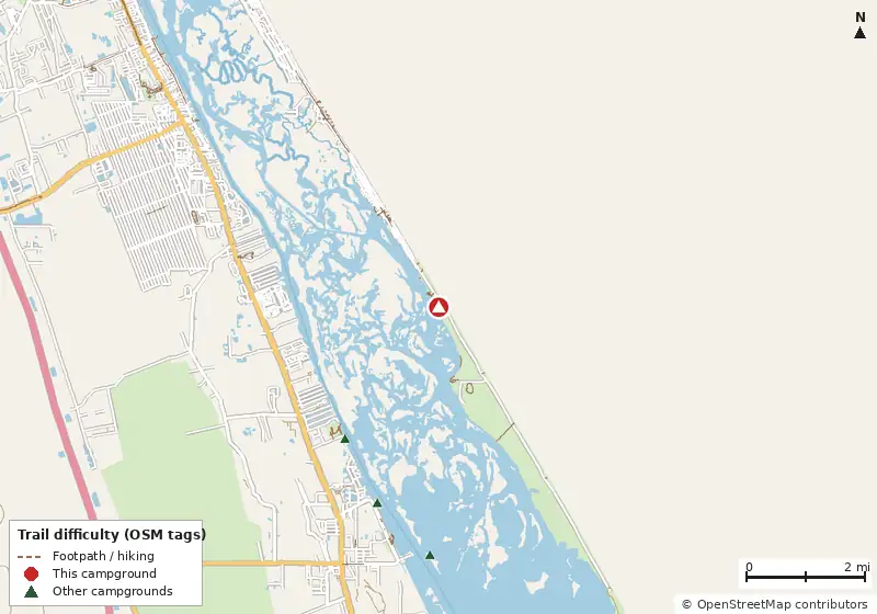 Map of roads, water and trails within about 5 miles of Canaveral National Seashore Permits