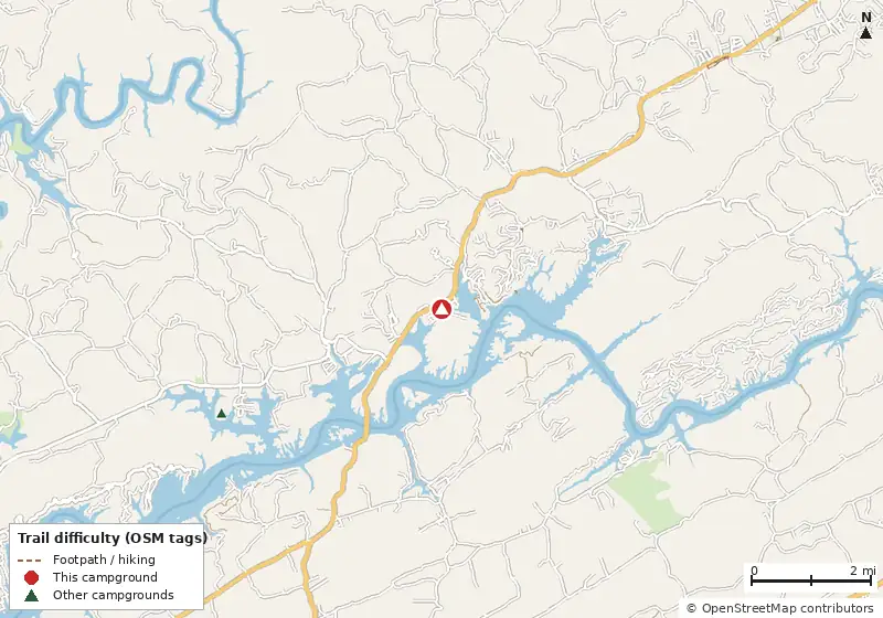 Map of roads, water and trails within about 5 miles of Cedar Grove Campground