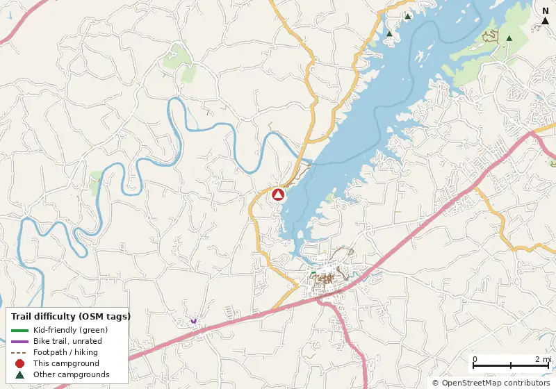 Map of roads, water and trails within about 5 miles of Cherokee Dam Campground, with bike trails colored by their OpenStreetMap difficulty tags