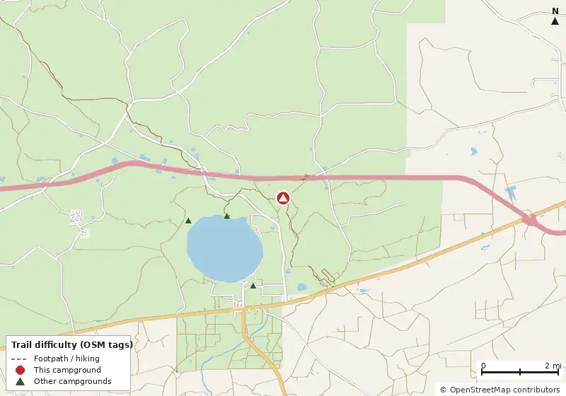 Map of roads, water and trails within about 5 miles of Cobb Hunt Camp