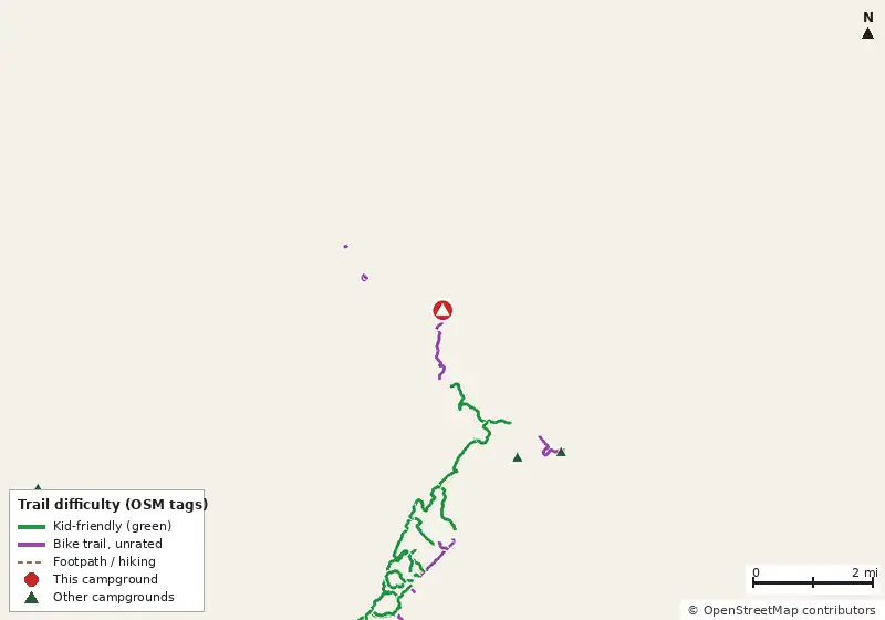Map of roads, water and trails within about 5 miles of Concord Campground, with bike trails colored by their OpenStreetMap difficulty tags