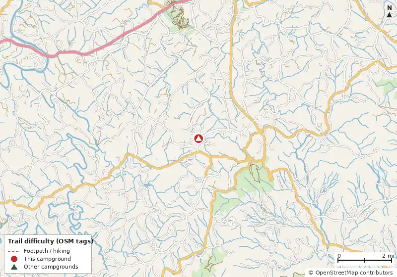 Map of roads, water and trails within about 5 miles of Cool Breeze Campground