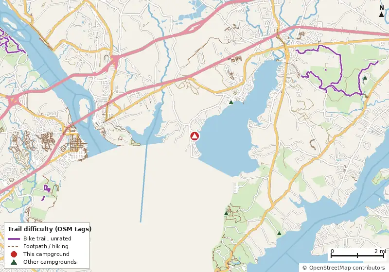 Map of roads, water and trails within about 5 miles of Craft Haven Campground, with bike trails colored by their OpenStreetMap difficulty tags