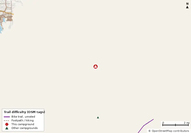 Map of roads, water and trails within about 5 miles of Cypress Point RV Park, with bike trails colored by their OpenStreetMap difficulty tags