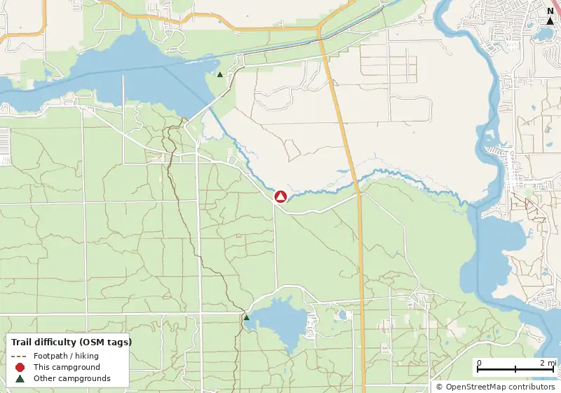 Map of roads, water and trails within about 5 miles of Davenport Landing